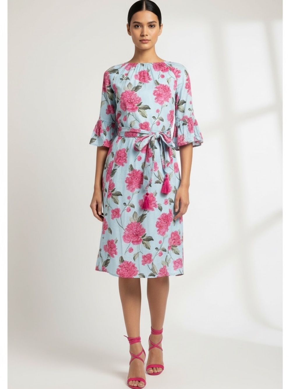 Bella Tu Boho Floral Dress 100% Cotton, Tassel Belt Shells India Belted Sz XS
